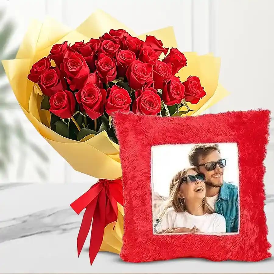 Elegant Red Rose Arrangement with Personalized Pillow