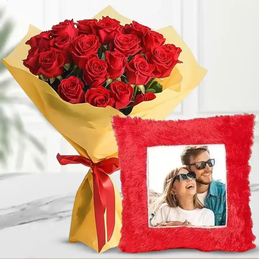 Radiant Red Roses with Customized Cushion