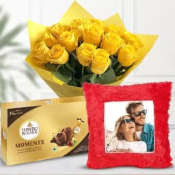 Custom Cushion with Sunny Yellow Roses & Gourmet Chocolates 1