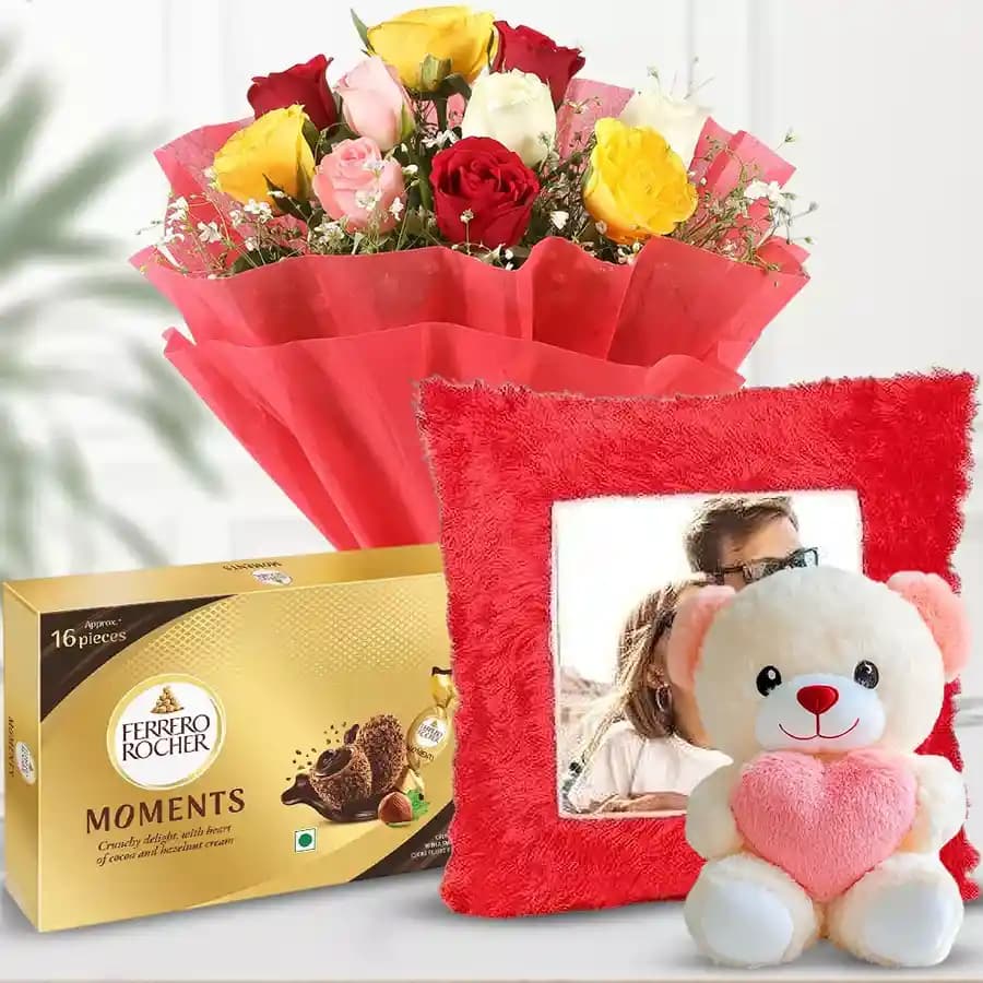 Vibrant Mixed Roses with Personalized Cushion and Sweet Treats