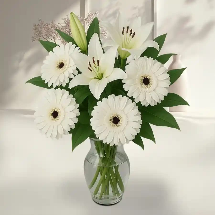 Eternal White Gerberas N Lily in Vase