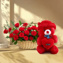 Breath taking Red Gerberas and Roses Basket with Cute Teddy 1