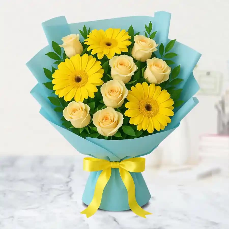 Exotic Tissue Wrapped Yellow Gerberas N White Roses Bouquet