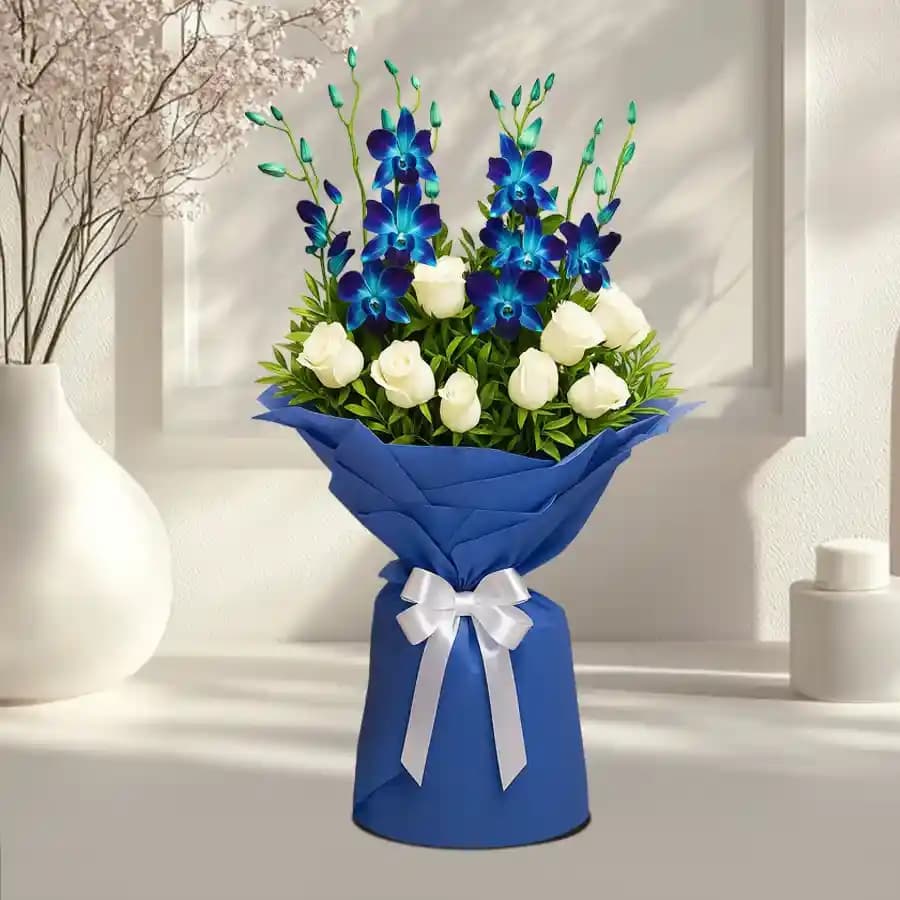 Elegant Blue Orchids N White Roses Tissue Wrapped Bouquet