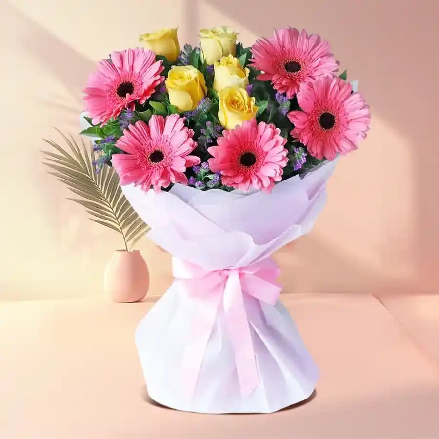 Gorgeous Tissue Wrapped Gerbera N Roses Bouquet