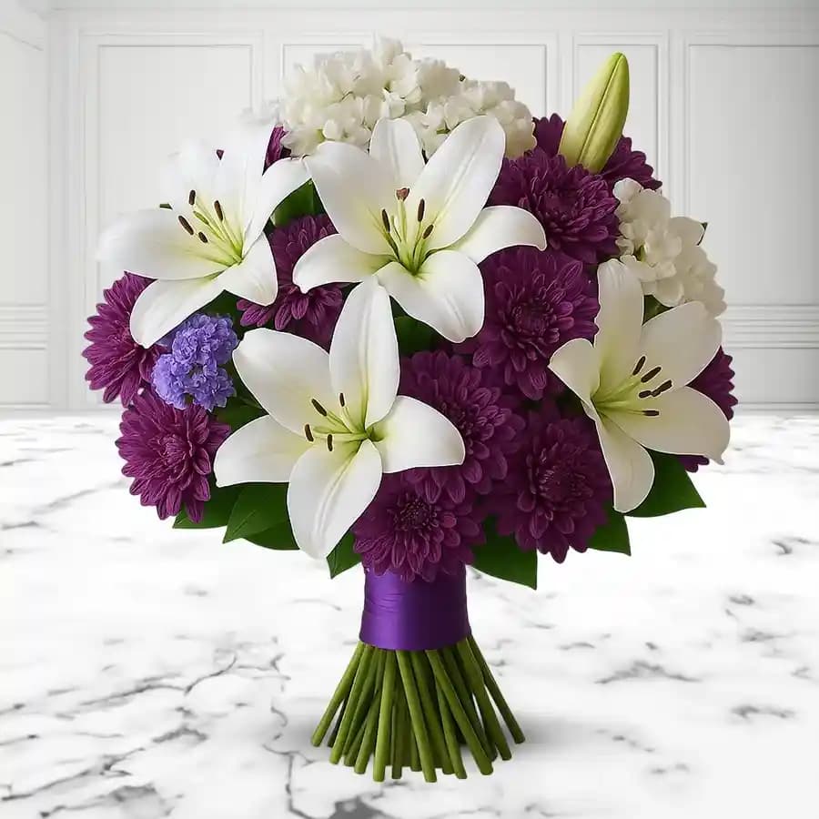 Majestic Bouquet of White Asiatic Lily with Purple Chrysanthemum