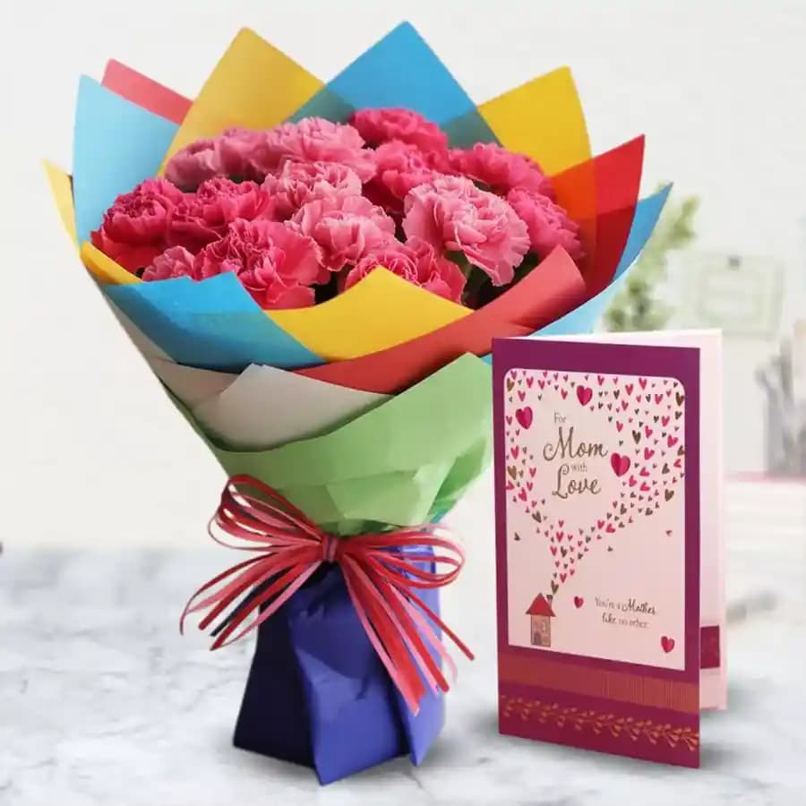 Charismatic Pink Carnation Bouquet n Card