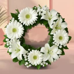 Beautiful White Gerberas N Lilies Wreath 1