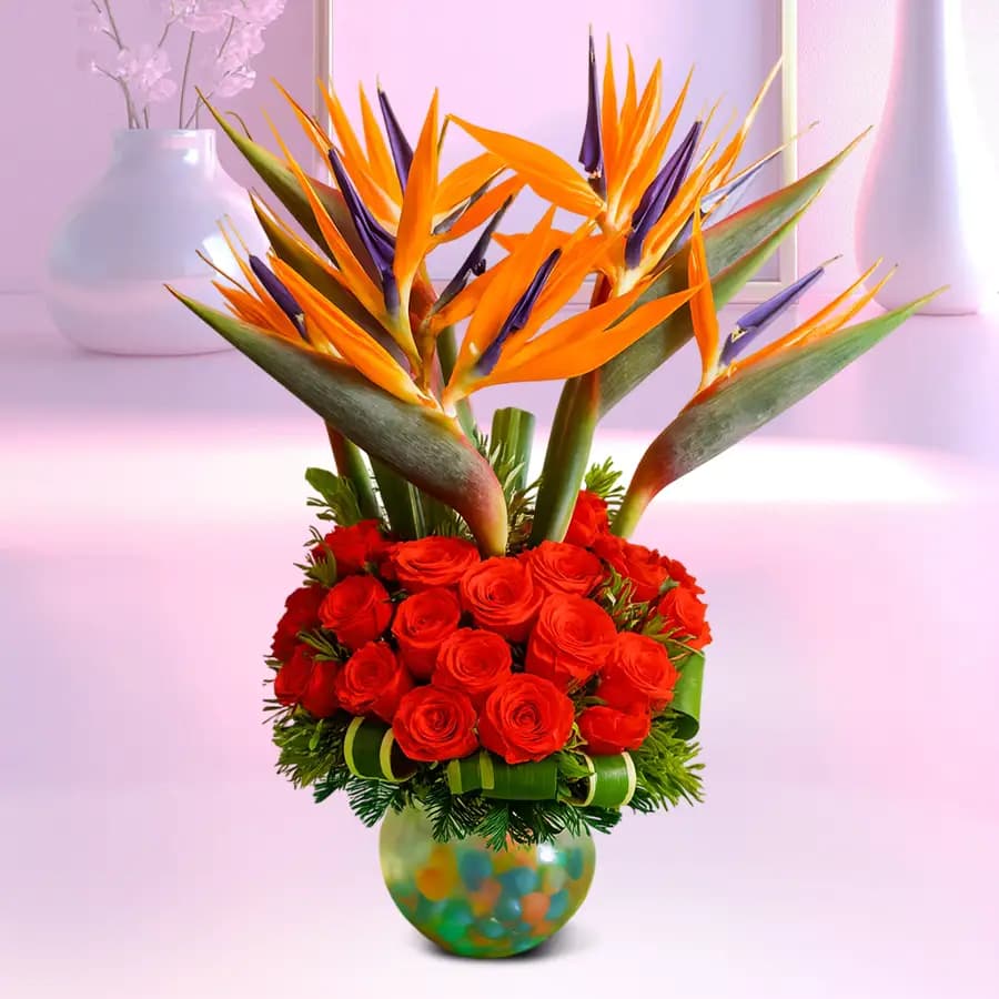 Alluring Red Roses N Birds of Paradise Arrangement
