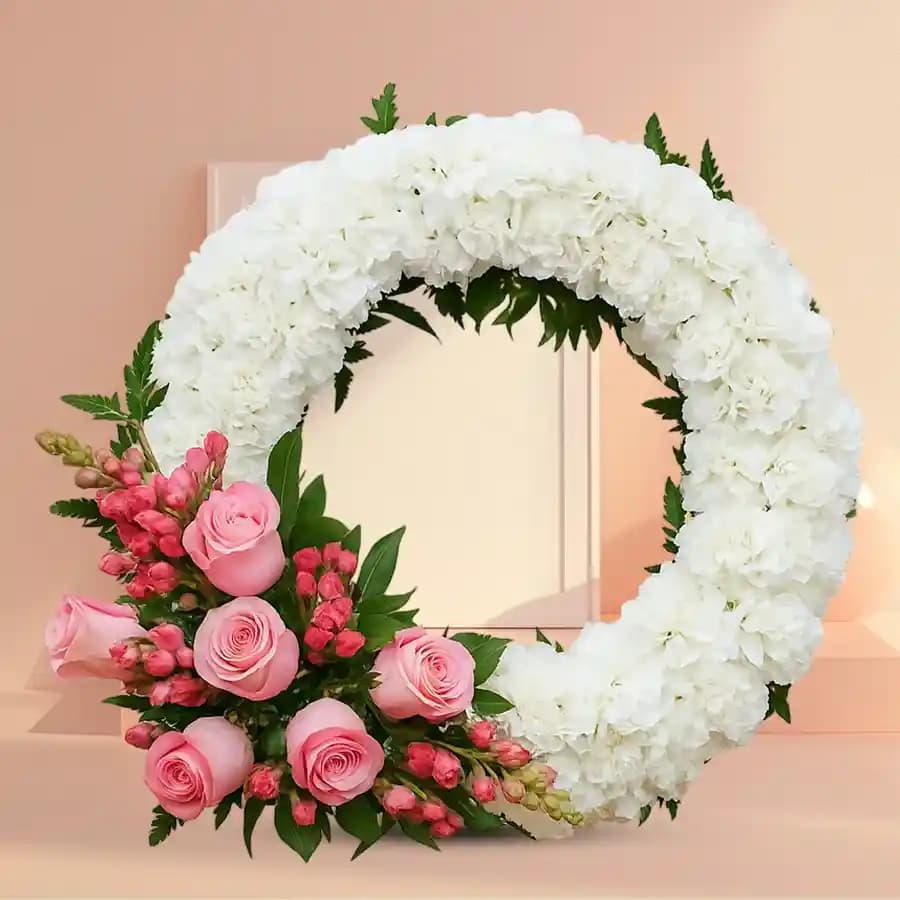 Exquisite Wreath of Pink Roses and White Carnations