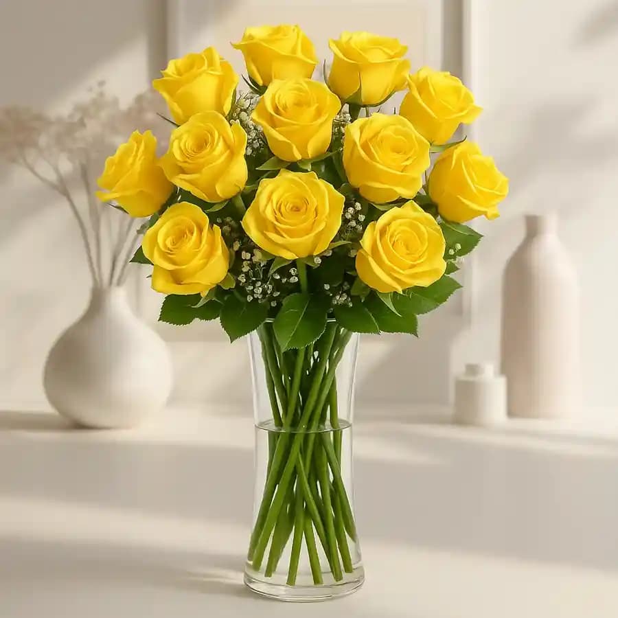 Glamorous Yellow Roses in a Glass Vase