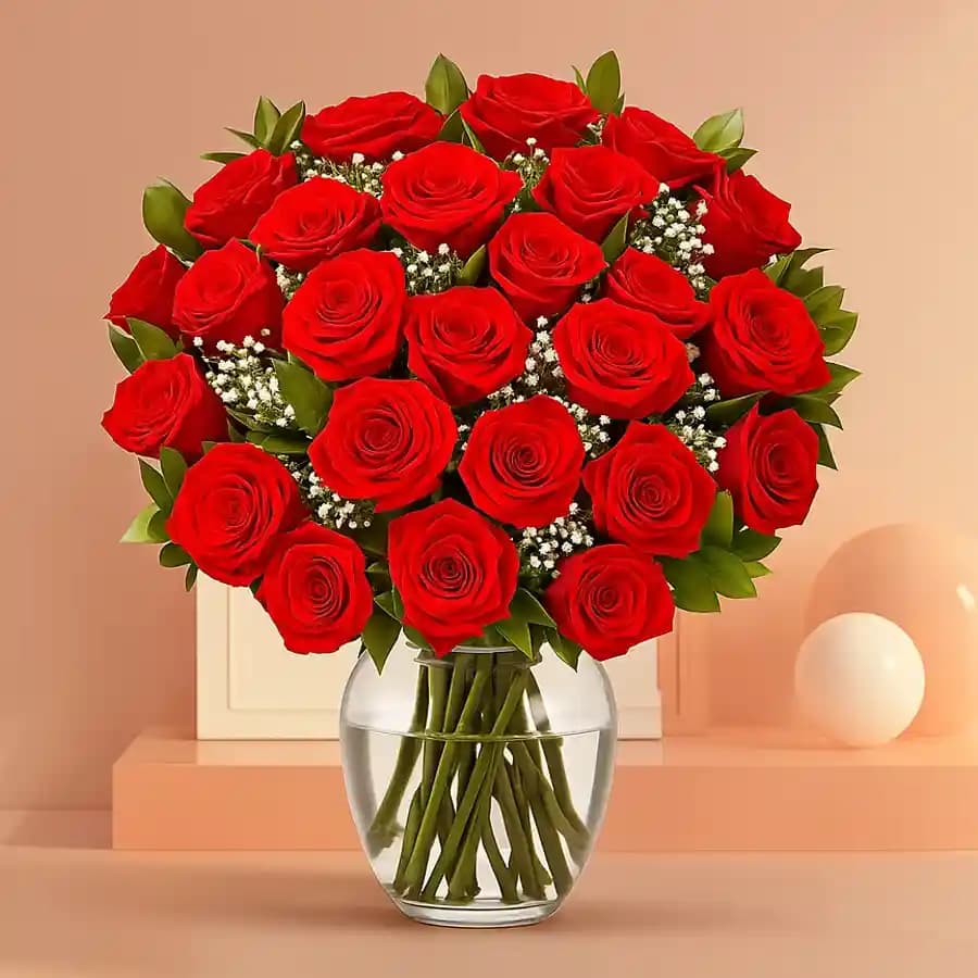 Bright Red Roses in a Glass Vase