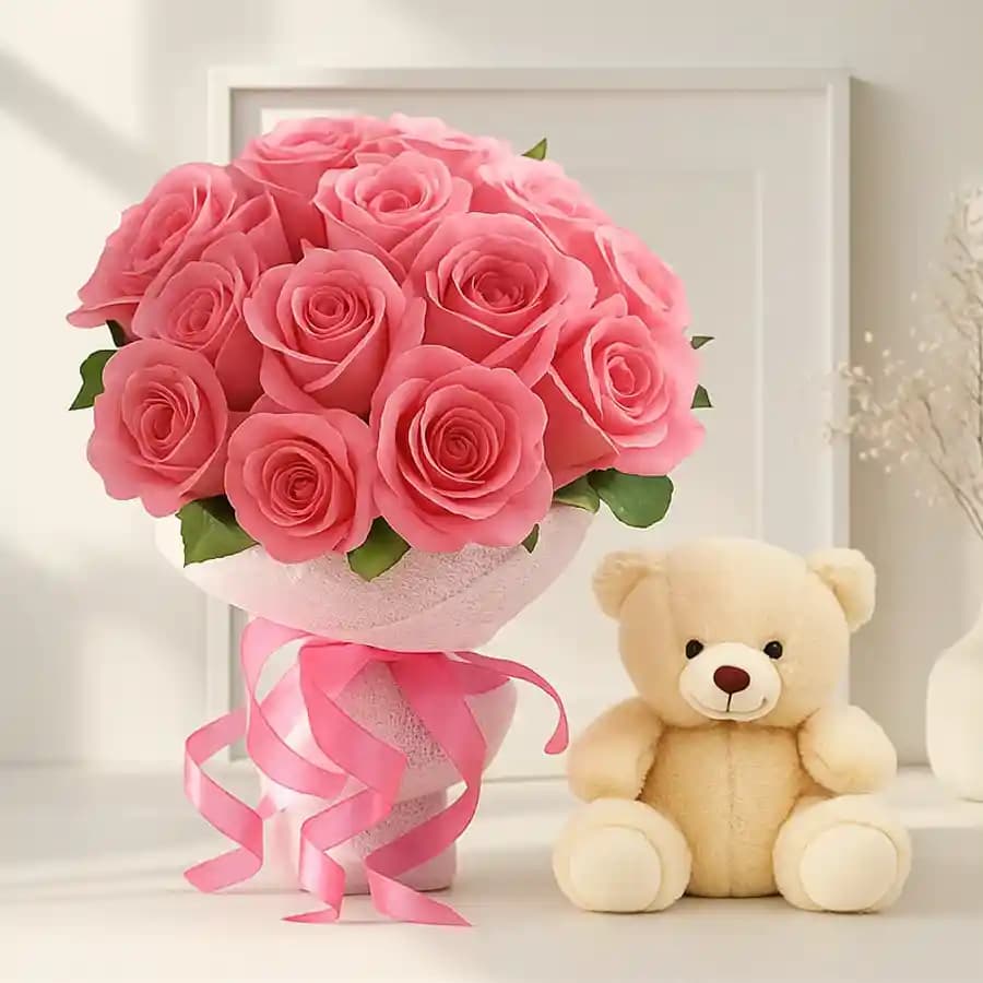 Pink Roses Bouquet with Cute Teddy