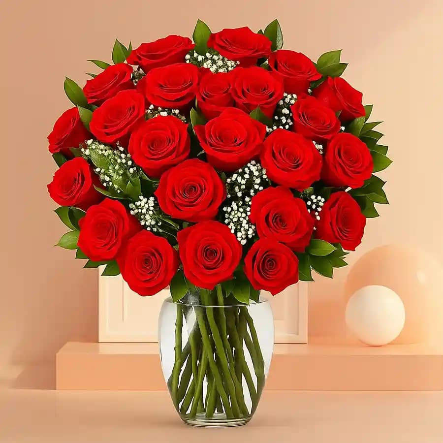 Splendid Red Roses in a Glass Vase