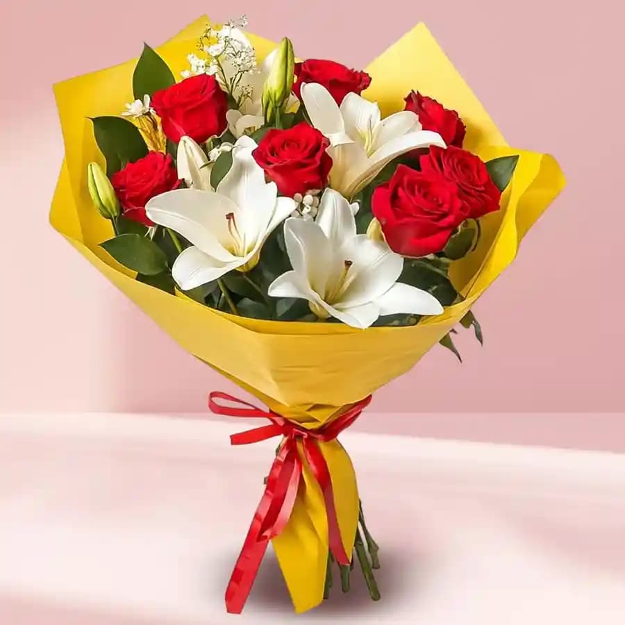 Dark Red Roses N Lilies Bouquet