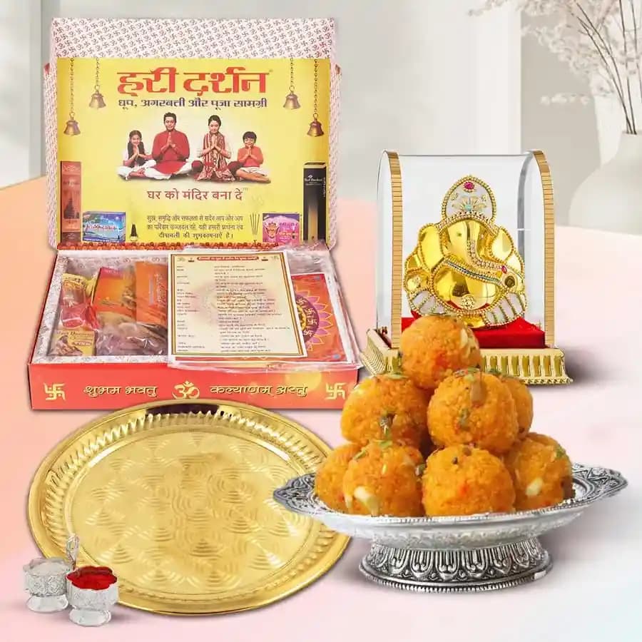 Bhai Dooj Special Puja Thali with Ladoo Samagri n Ganesh Idol