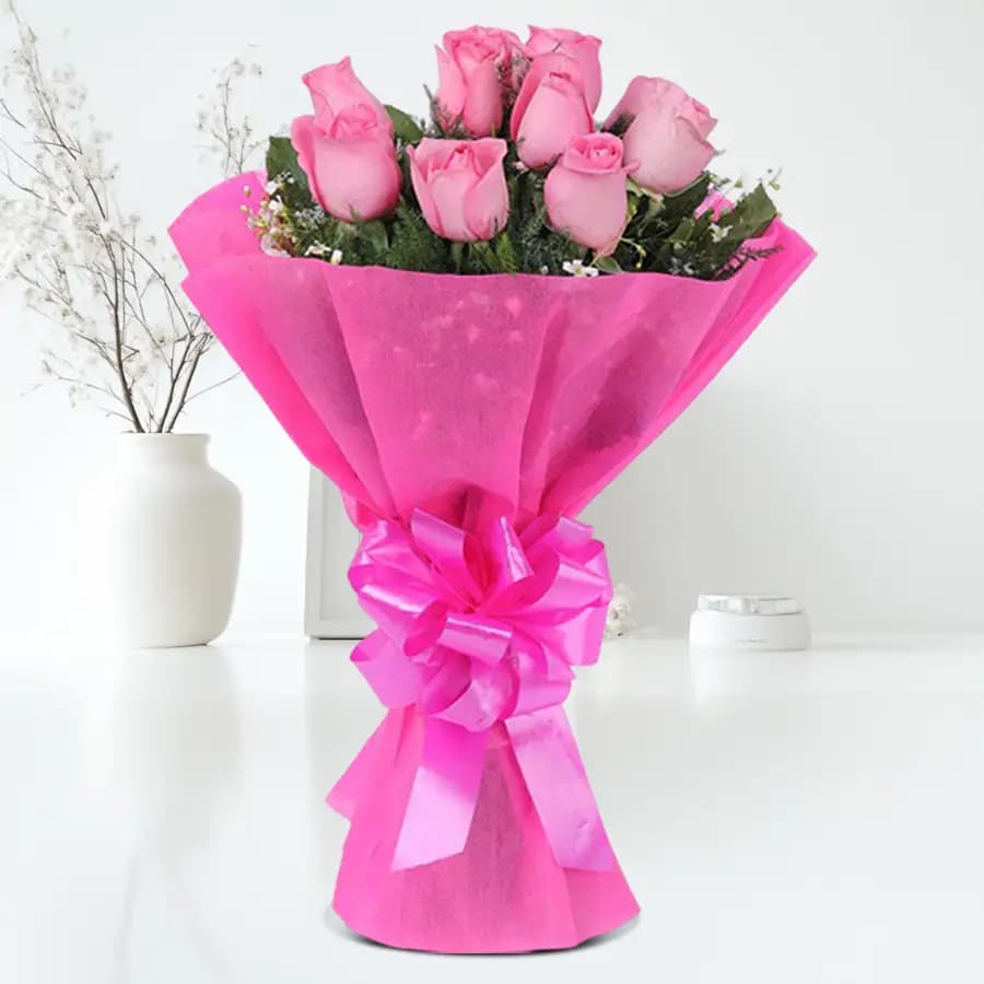 Blossoming Pink Roses Bouquet in Tissue Wrapped