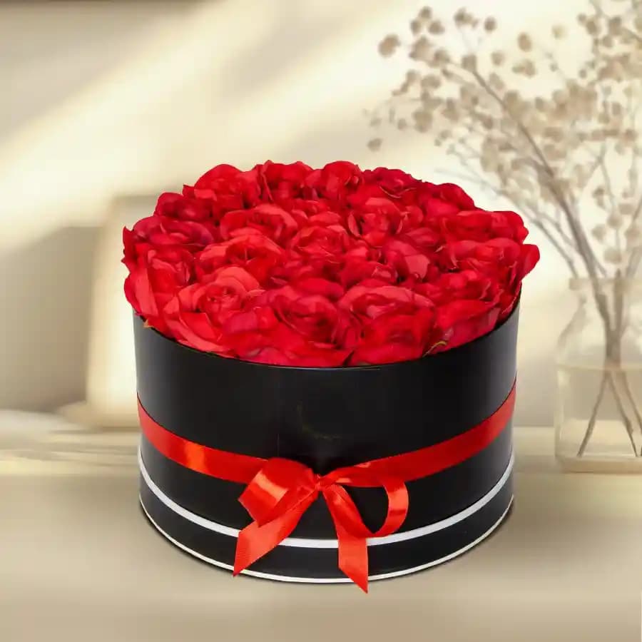 Alluring Red Roses in Black Cardboard Gift Box