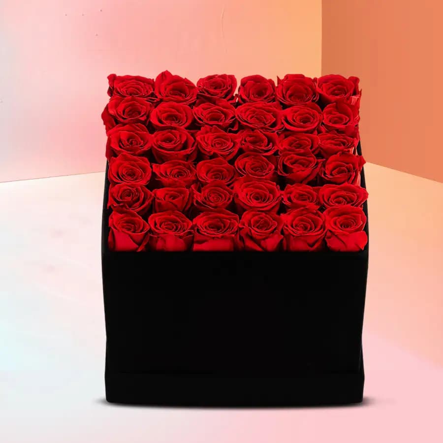 Alluring Red Roses in Black Cardboard Gift Box