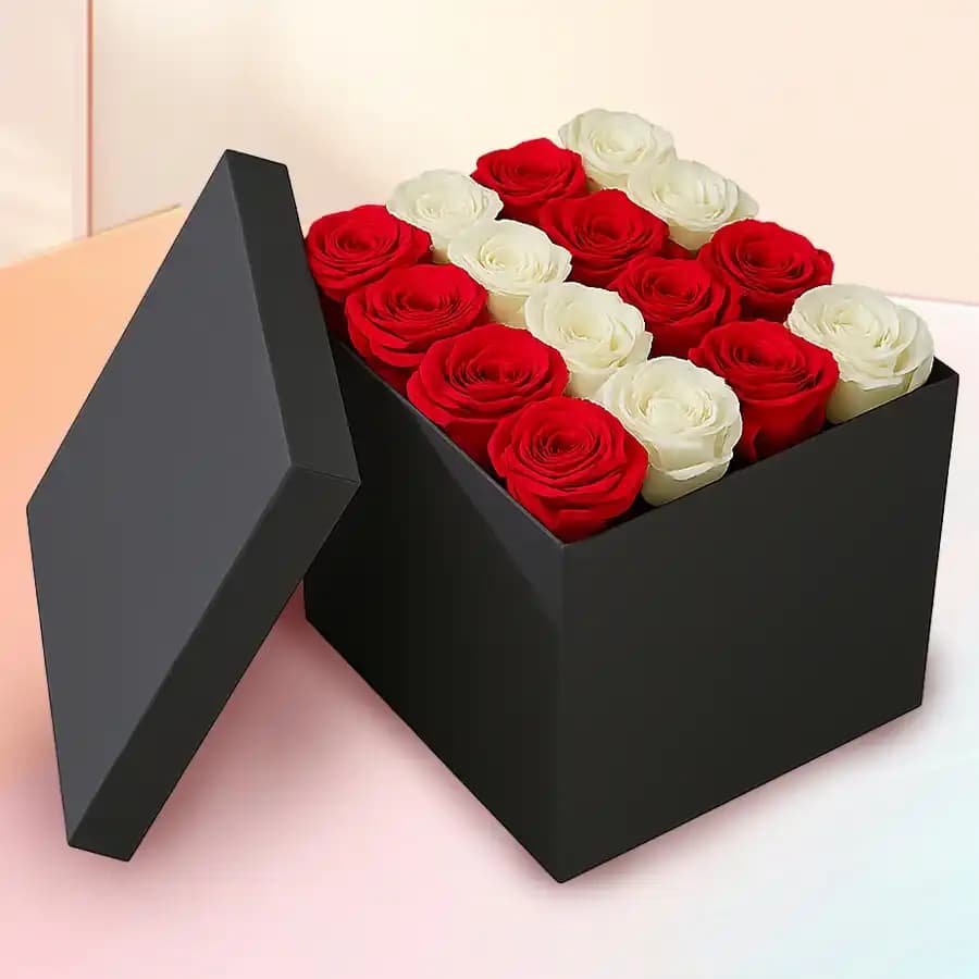 Attractive Square Box of Red n White Roses