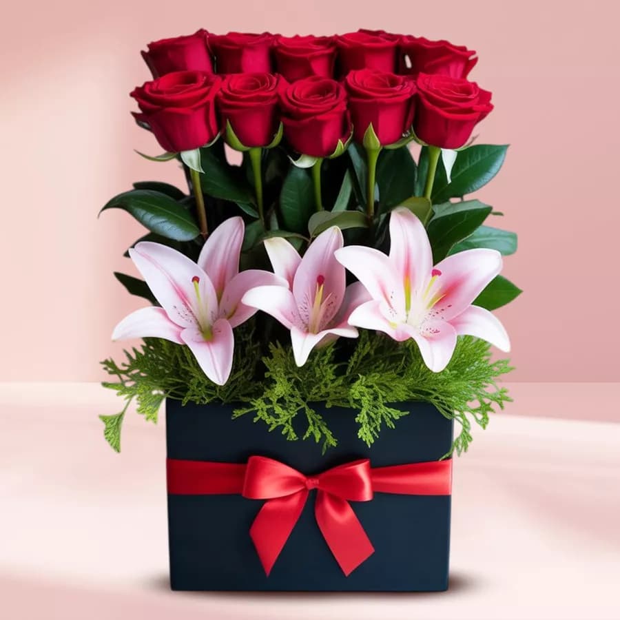 Premium Red Roses n Pink Lilies Gift Box