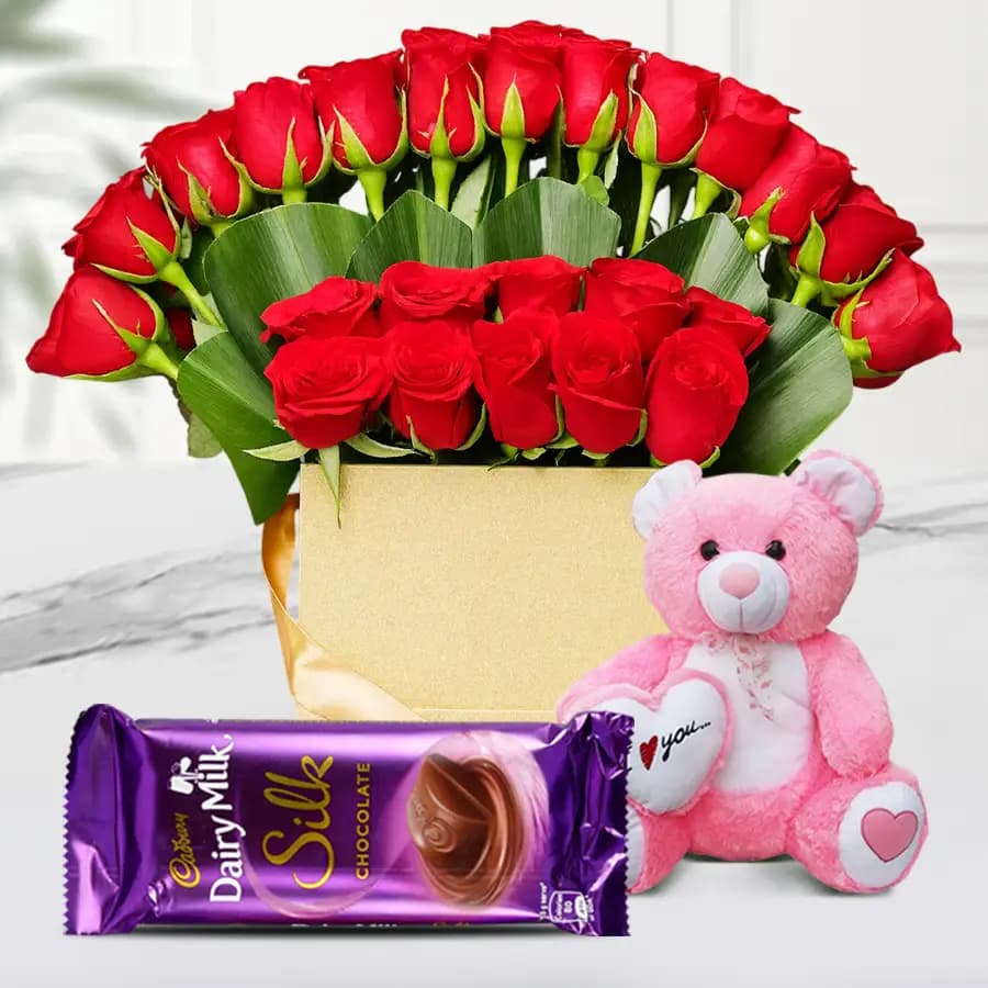Premium Box Arrangement of Red Roses with Teddy n Chocolate