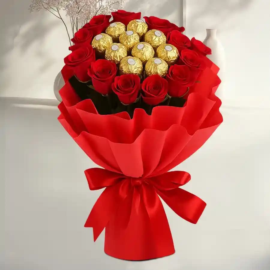 Beautiful Bouquet of Red Roses N Ferrero Rocher with Tissue Wrapping