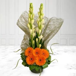 Artistic White Tuberose n Orange Gerberas Arrangement 1