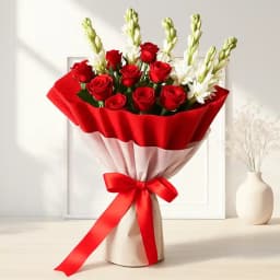 Classic Congratulations Bouquet of Red Roses n White Tuberose with Tissue Wrapping 1