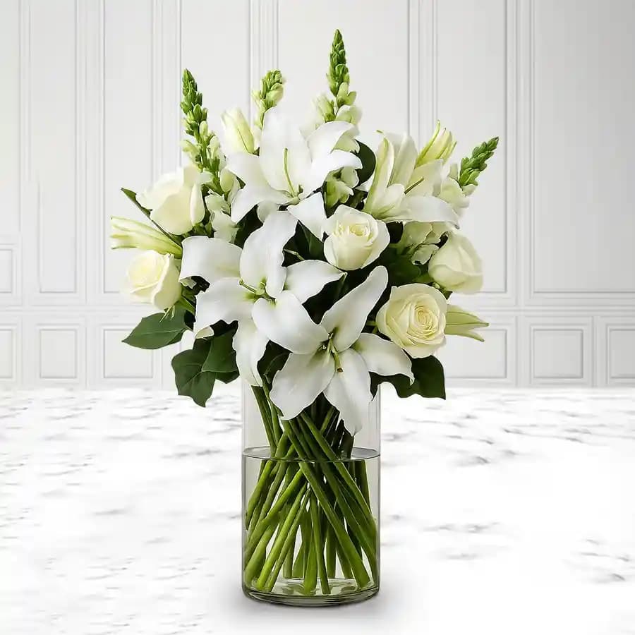 Graceful White Flowers in Glass Vase for Condolence