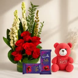 Glorious Combo of Fresh Flowers with Teddy n Cadbury Chocolates 1