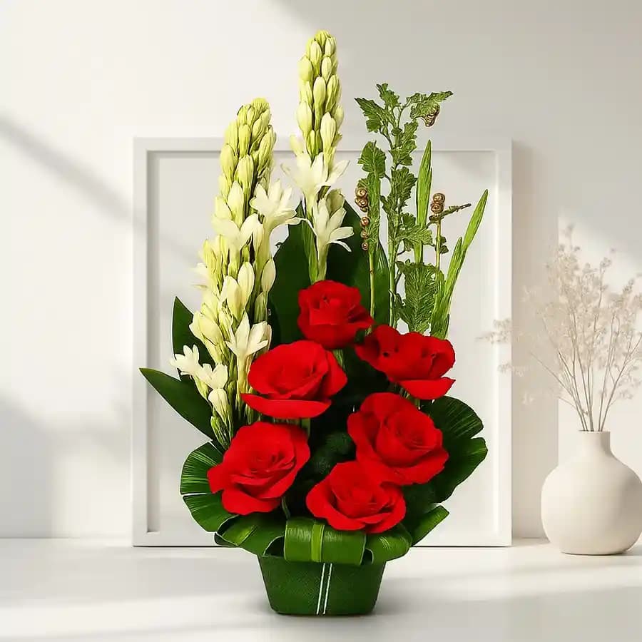 Blushing Arrangement of Red Roses n White Tube Roses