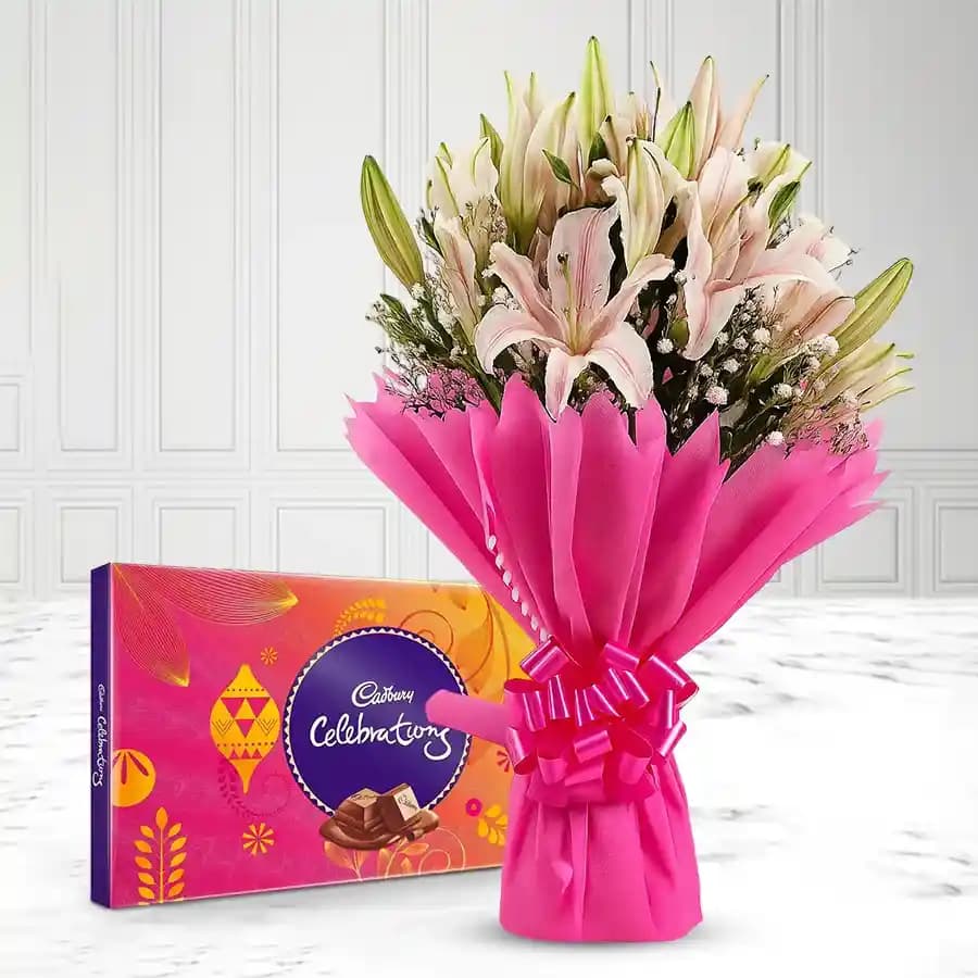 Amusing Lilies N Gladiolus Bouquet with Cadbury Celebration Pack