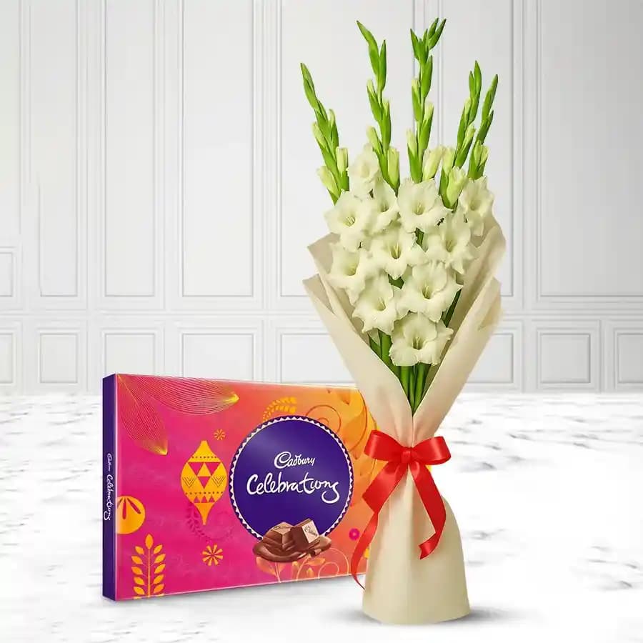 Captivating Gladiolus Bouquet with Cadbury Celebration Pack