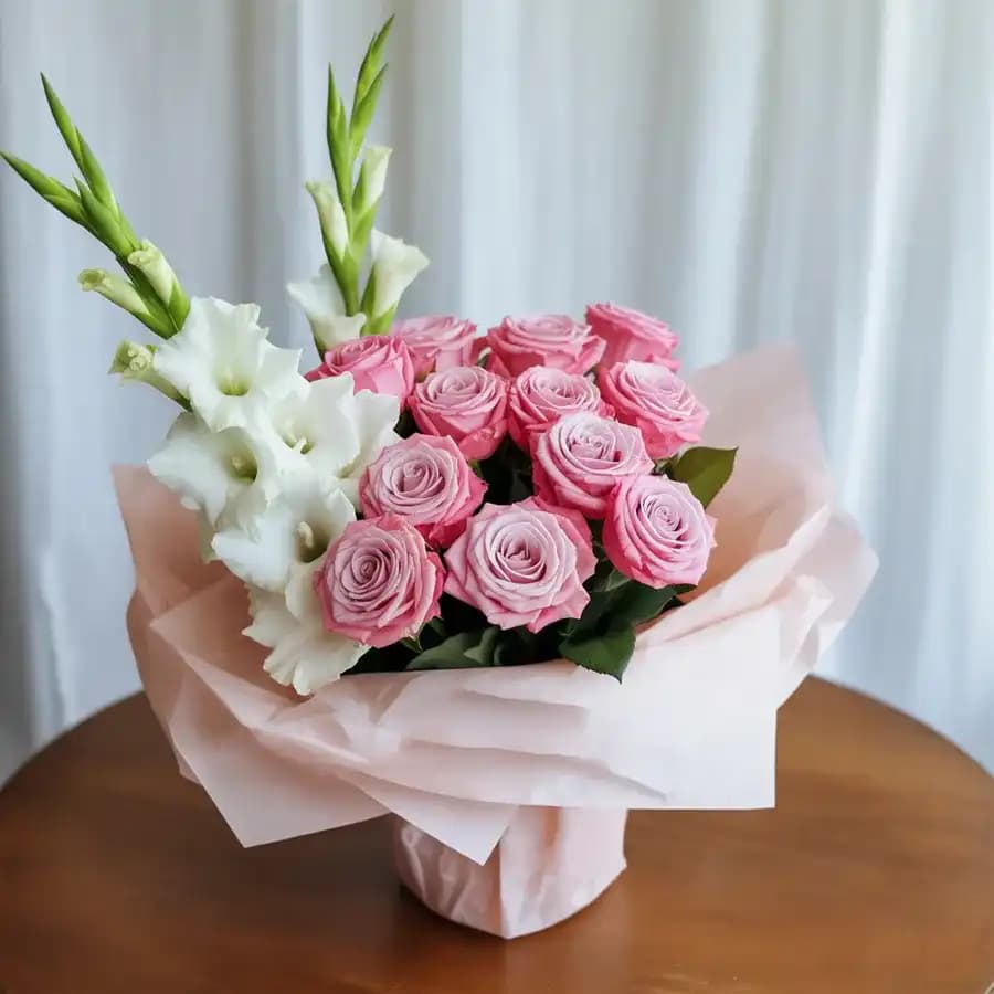 Delicate Pink Roses n White Gladiolus Bouquet