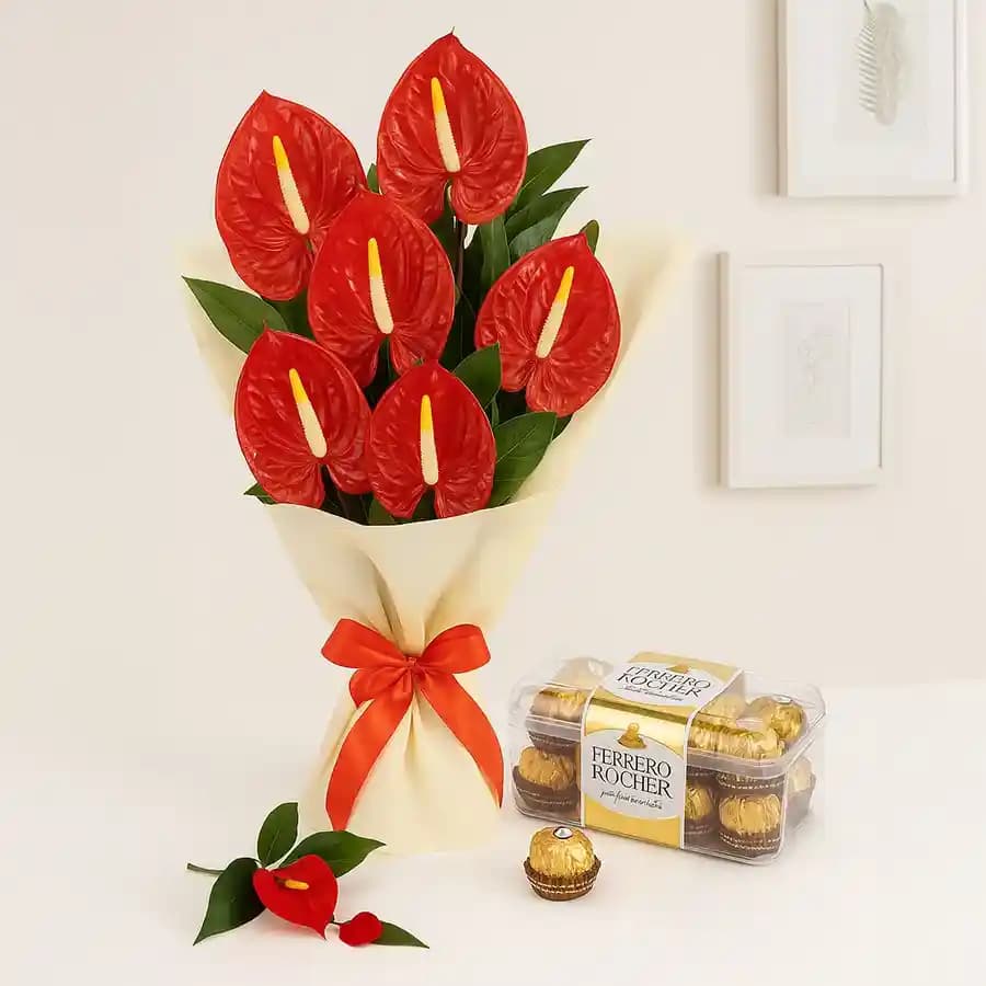 Alluring Anthurium Bouquet with Ferrero Rocher