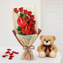 Marvelous Bouquet of Red Roses n Anthurium with Teddy 1