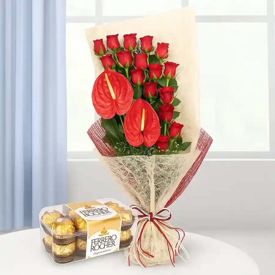 Lovely Bouquet of Red Roses n Anthurium with Ferrero Rocher