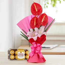 Classy Bouquet of Red Anthurium n Pink Lilies with Ferrero Rocher 1