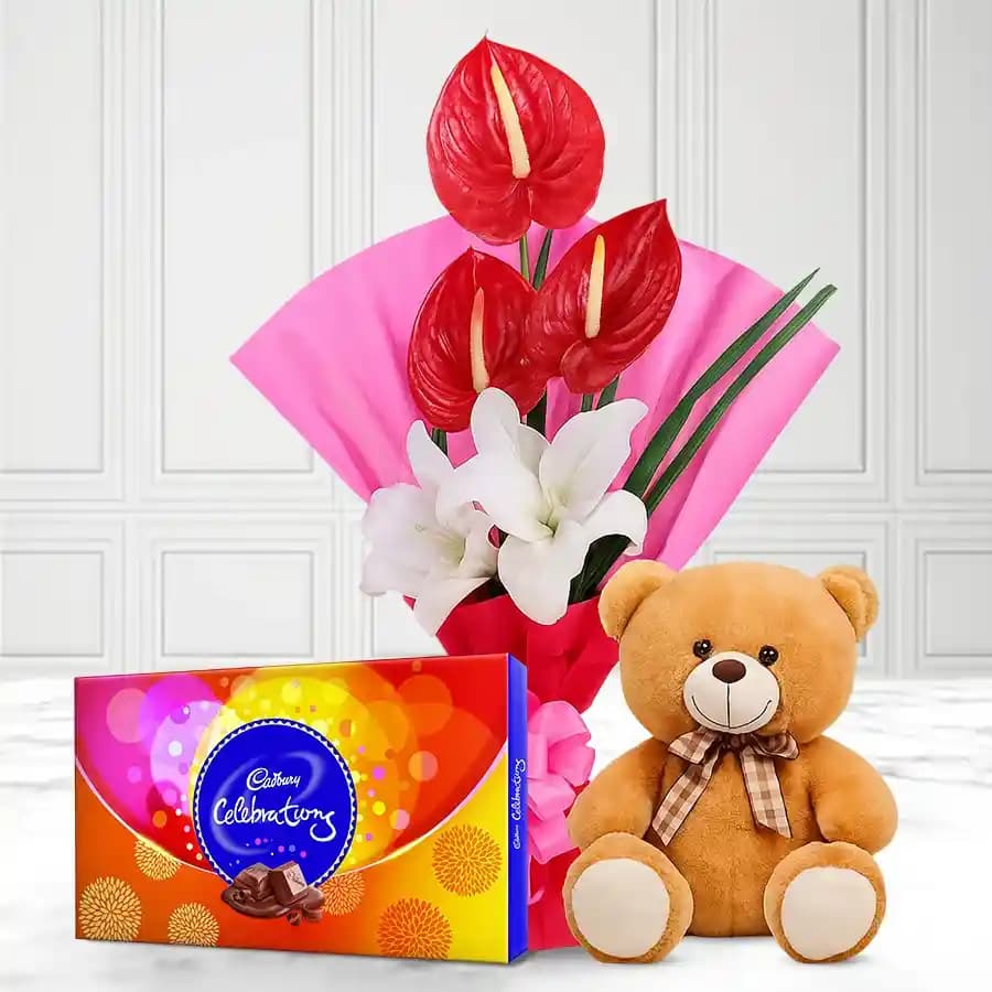 Attractive Combo of Flowers Bouquet with Cute Teddy n Chocolates