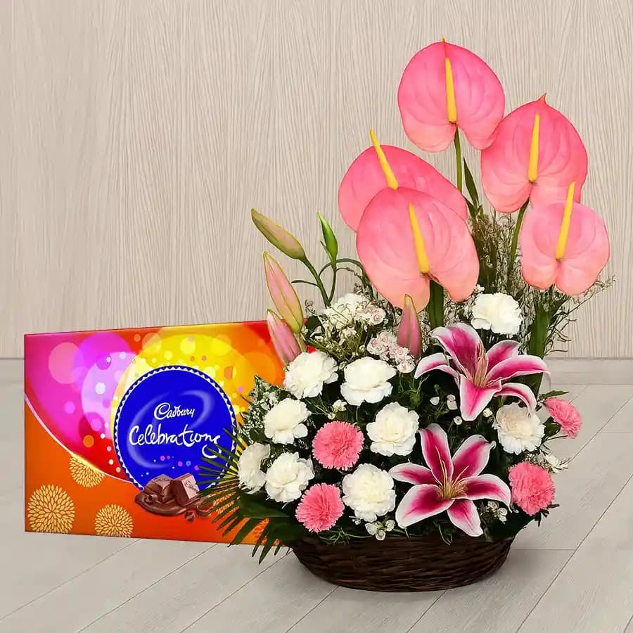 Exclusive White N Pink Flowers Arrangement with Chocolates