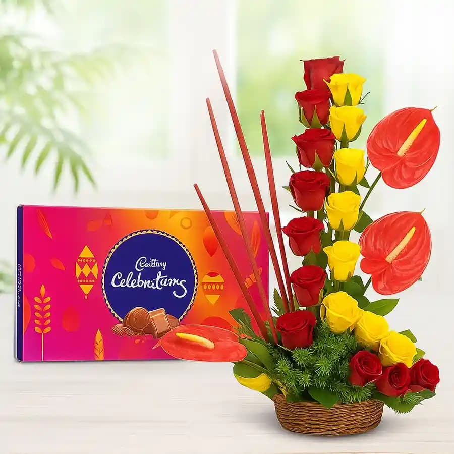 Beautiful Roses with Anthurium Arrangement with Cadbury Celebration