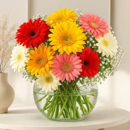 Vibrant Mixed Gerberas in Glass Vase 1