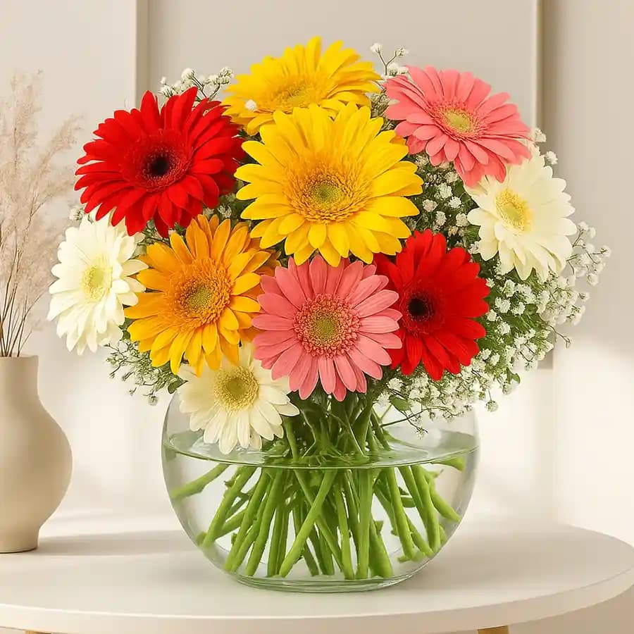 Vibrant Mixed Gerberas in Glass Vase