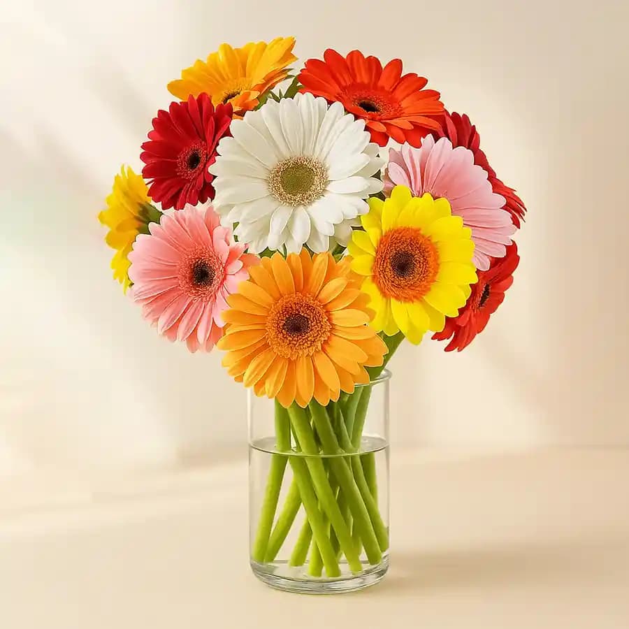 Fresh Cut Colorful Gerberas in Glass Vase