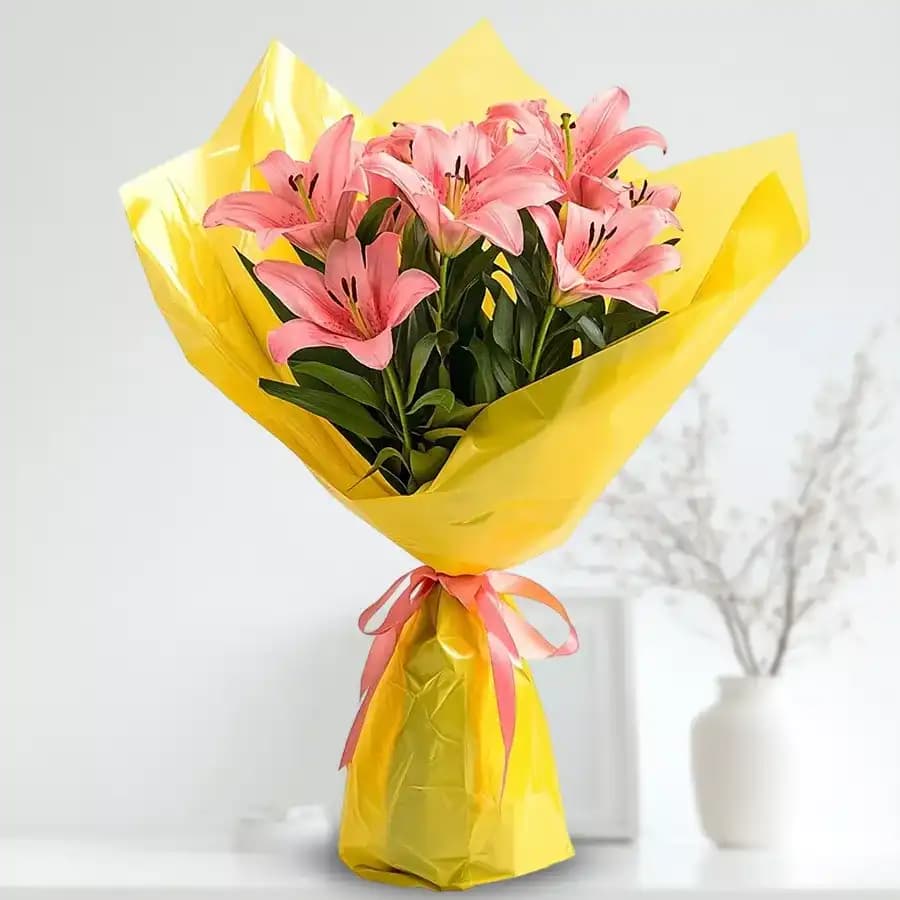 Tender Pink Lilies Bouquet wrapped in a Tissue