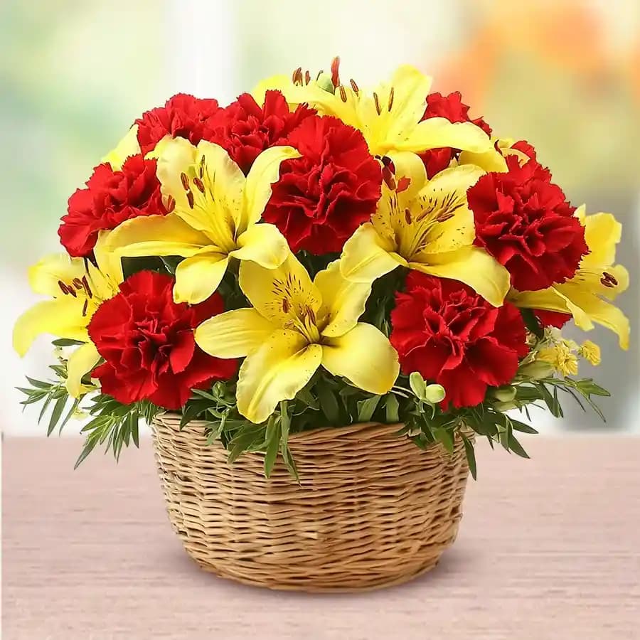 Yellow Lilies N Red Carnations Bouquet