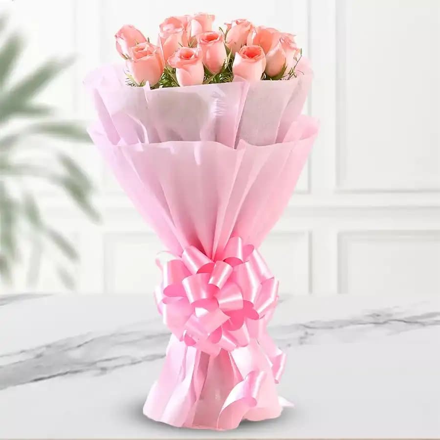 Bouquet of 8 Pink Roses with Tissue Wrapping