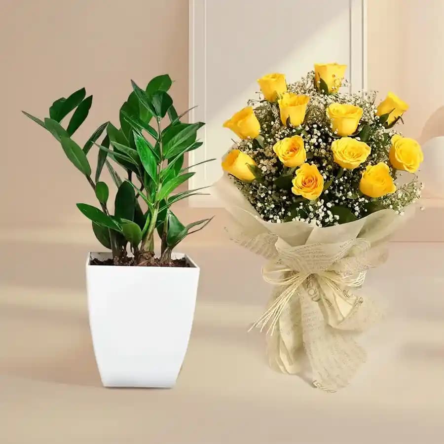 Vibrant Yellow Rose and Zamia Delight