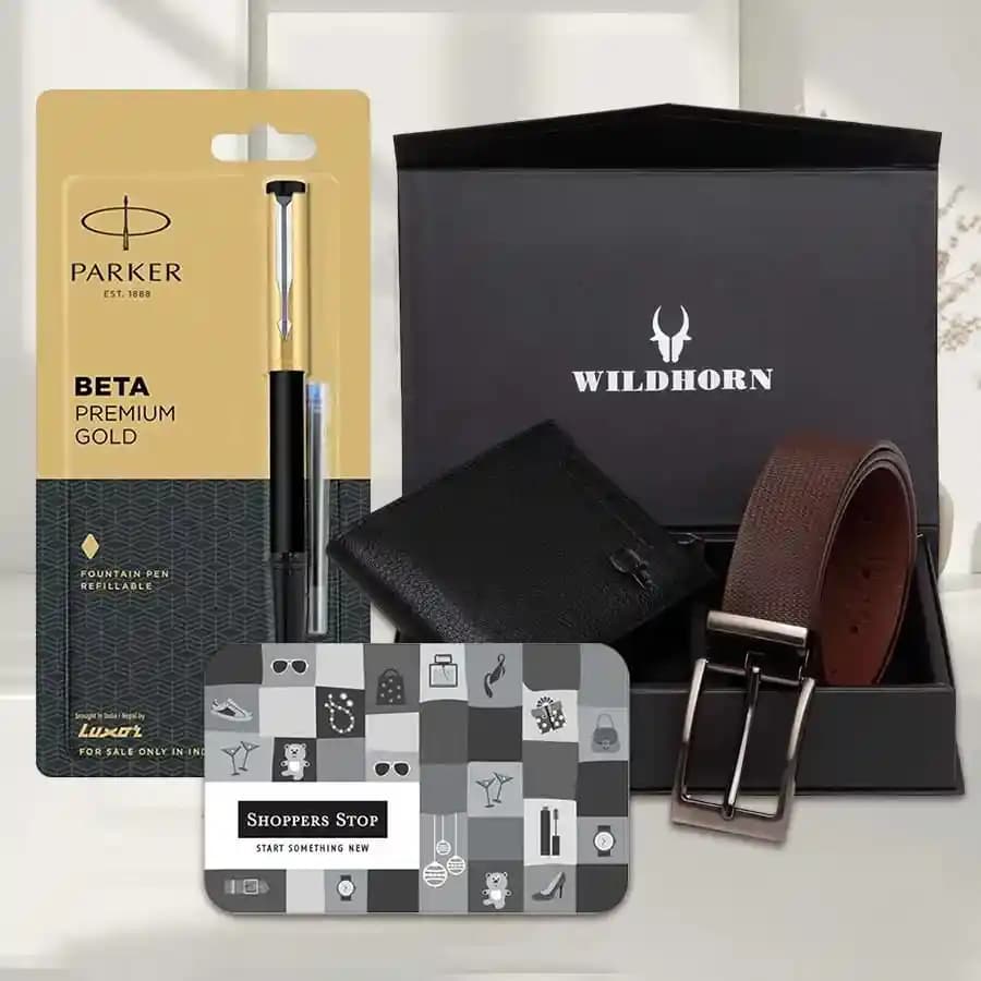 Mind Blowing Combo of Shoppers Stop Gift E Voucher worth Rs.1000 Parkar Beta Pen and Box of Wallet N Belt